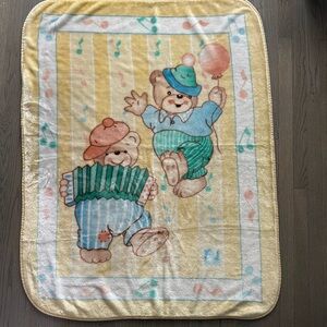 Vintage NOVATEX  Plush Yellow Baby Blanket Teddy Bears Balloons Music Notes